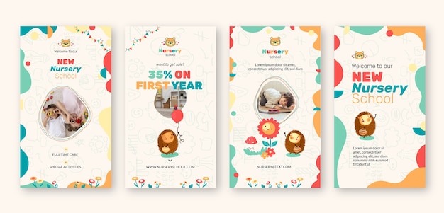 Vector hand drawn nursery school instagram stories collection