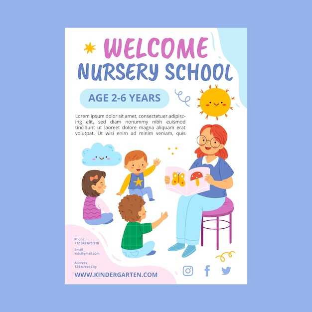 Vector hand drawn nursery school poster template