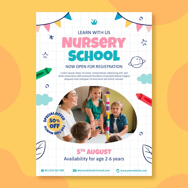 Hand drawn nursery school poster template