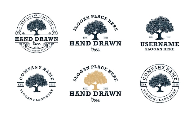 Ручной обращается логотипы дуба классические шаблоны дизайна логотипа дерева