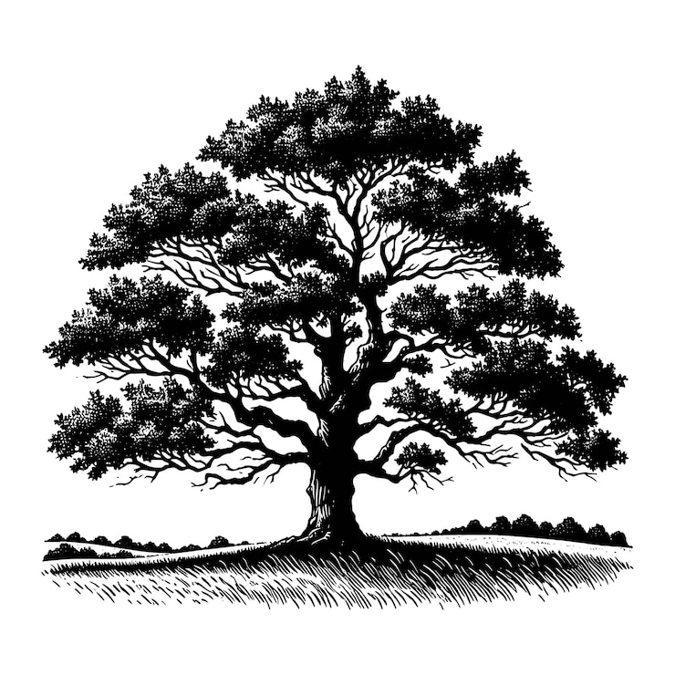 Vector hand drawn oak tree silhouette