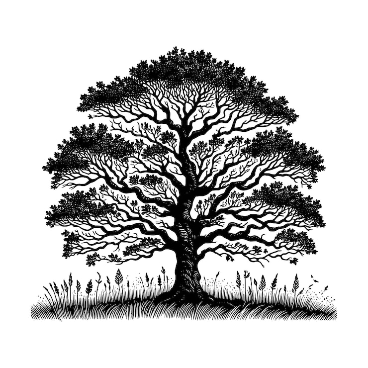 Vector hand drawn oak tree silhouette