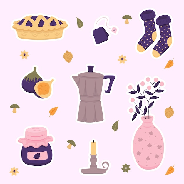 Hand drawn objects and clothing hygge stickers