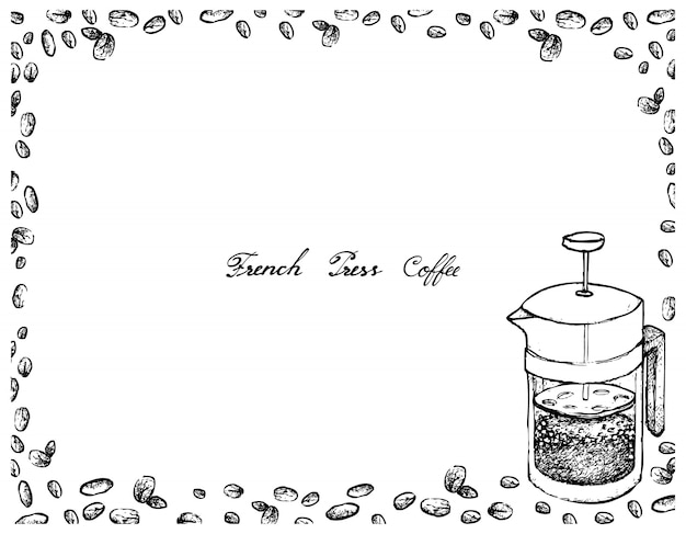 Вектор Ручной обращается французской прессы с кофе в зернах