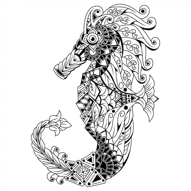 Ручной обращается из морского конька в стиле zentangle