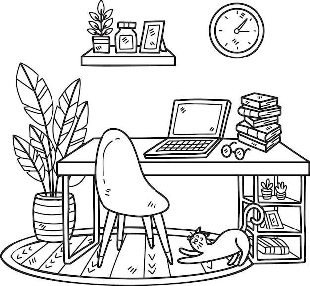 Hand Drawn Office desk with plants and wall clock interior room illustration