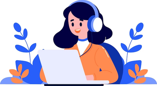 Hand Drawn Office worker with headphones in concept Support Center in flat style isolated on background