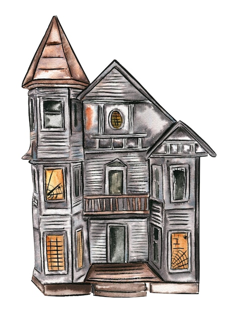 Hand drawn old half ruined wooden house