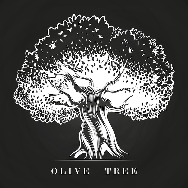 Vecchio olivo disegnato a mano sulla lavagna. schizzo di ulivo albero, disegno illustrazione agricoltura raccolta mediterranea