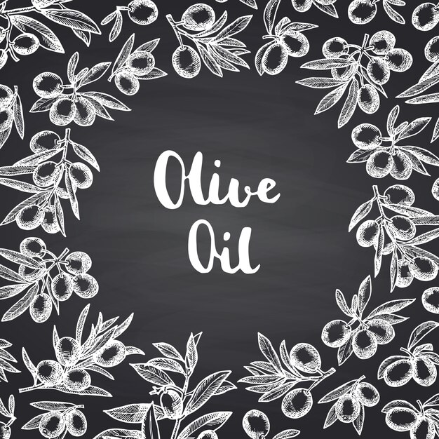 hand drawn olive branches with circle space in center for text on black chalkboard 