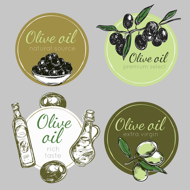 Set di etichette di olio d'oliva disegnati a mano