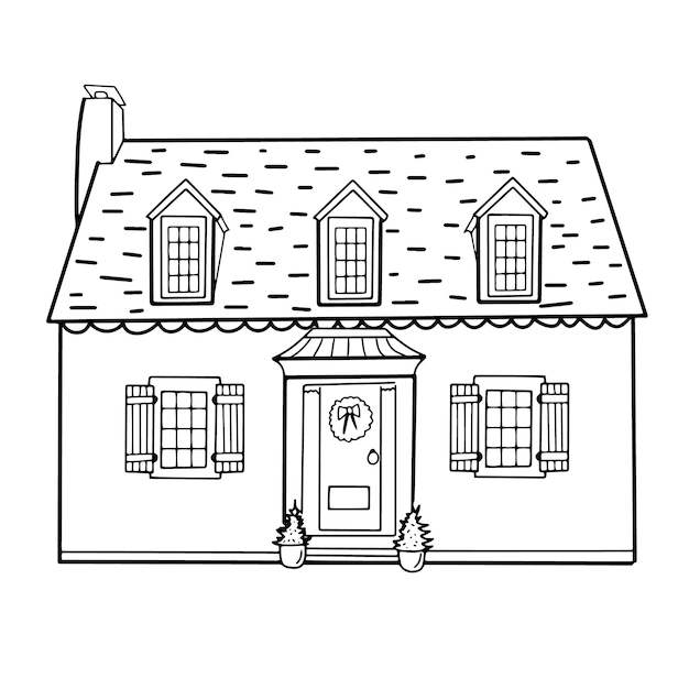 Hand drawn one storey house Vector doodle style building for coloring page