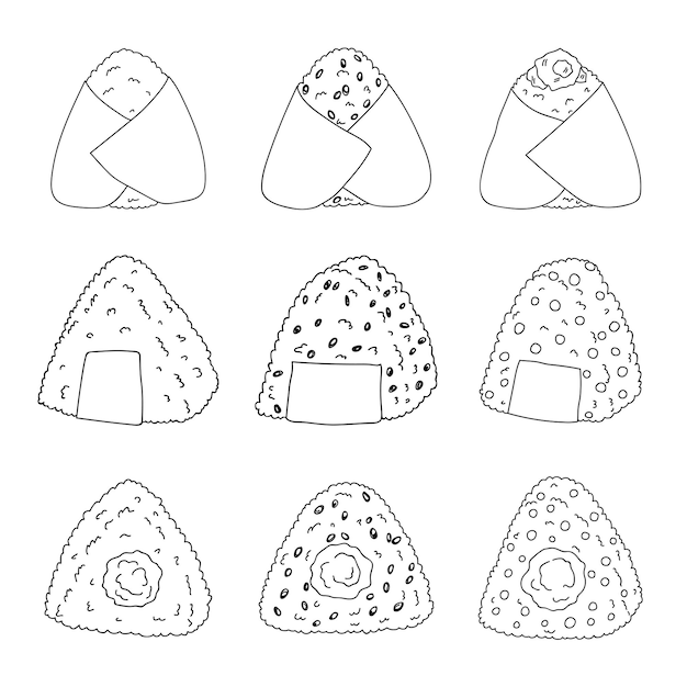 Set di clipart onigiri disegnati a mano fast food giapponese fatto di riso palla di riso in alghe nori