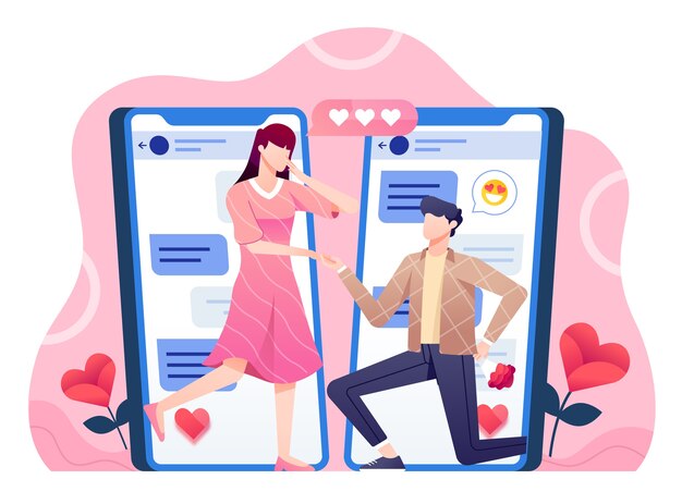 Man And Woman Using Online Dating App On Smartphone And Meeting At Table  Tiny People Blind Date Speed Dating Online Dating Service Concept Flat  Vector Modern Illustration Stock Illustration - Download Image