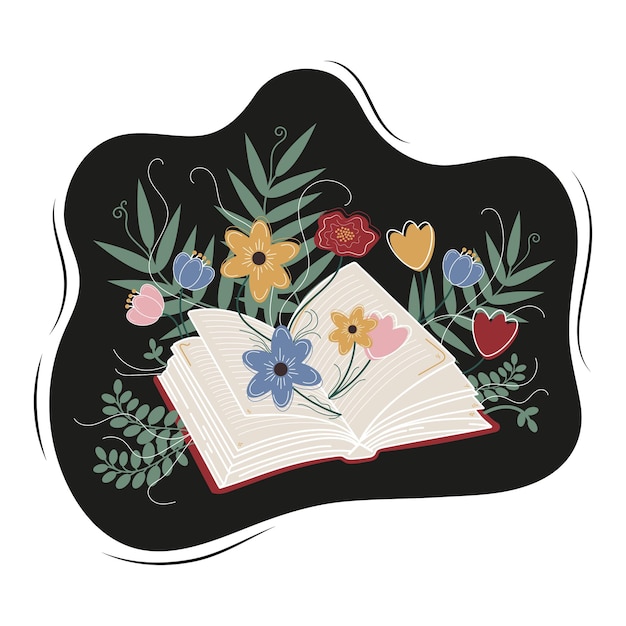 Вектор Ручная открытая книга с растущими цветами различные красочные цветы листья папоротники мультфильмный стиль