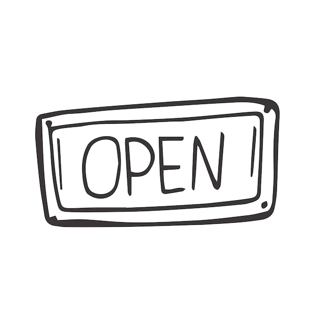 Vettore elemento di segno aperto disegnato a mano in stile schizzo doodle iconica di etichetta aperta della porta o della finestra del negozio