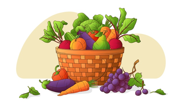 Vector hand drawn organic food composition with basket of fresh fruits and vegetables