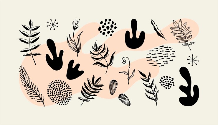 Vector hand drawn organic shapes, plants, spots, dots. vector set trendy abstract isolated doodles.