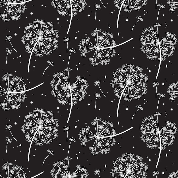 Hand drawn ornate dandelions seamless pattern in graphic style isolated vector illustration