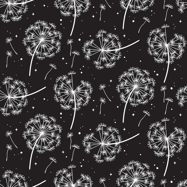 Vector hand drawn ornate dandelions seamless pattern in graphic style isolated vector illustration