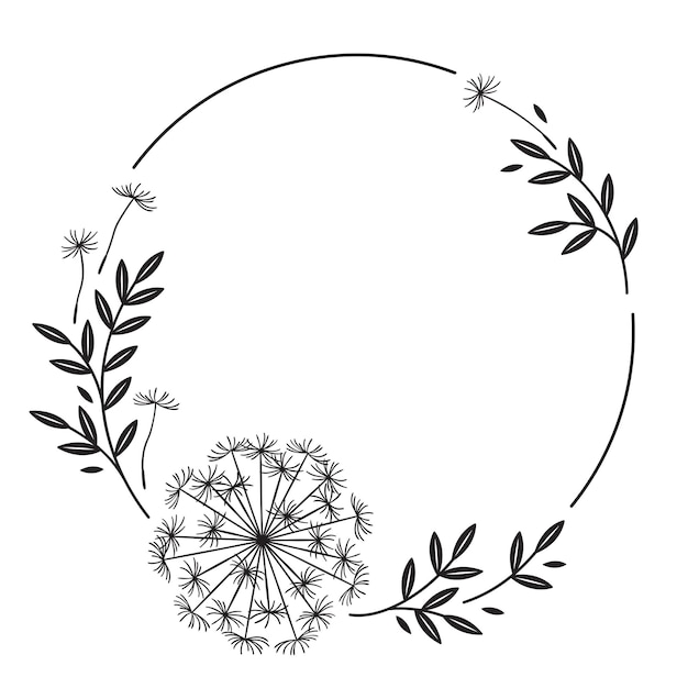 Ручная рисованная декоративная круглая цветочная рамка с одуванчиком в графическом стиле