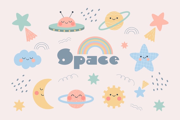 Hand drawn outer space clipart collection. Set of kawaii planets and stars in doodle cartoon style
