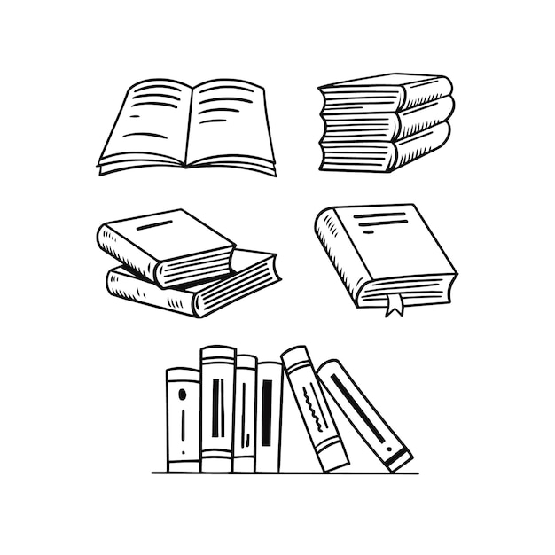 Hand drawn outline black color books signs. Vector art illustration.