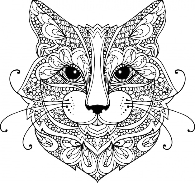 Hand drawn outline doodle illustration of a cat head decorated with ornaments