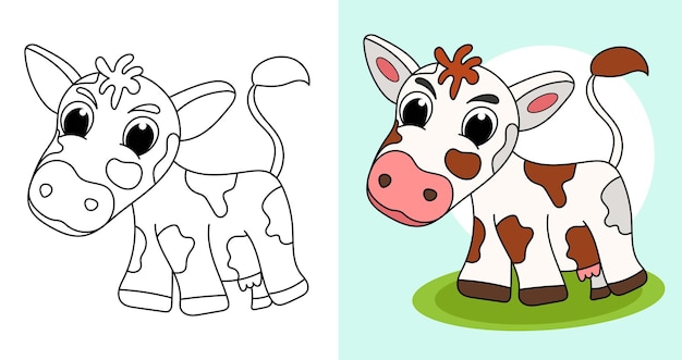 Contorno disegnato a mano animali da fattoria illustrazione della mucca personaggio dei cartoni animati vettore pagina da colorare per i bambini