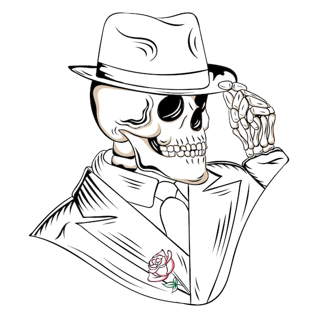 Hand drawn outline Mafia skull illustration Premium Vector