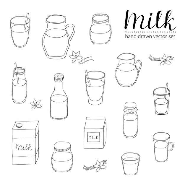 Hand drawn outline milk in different packages