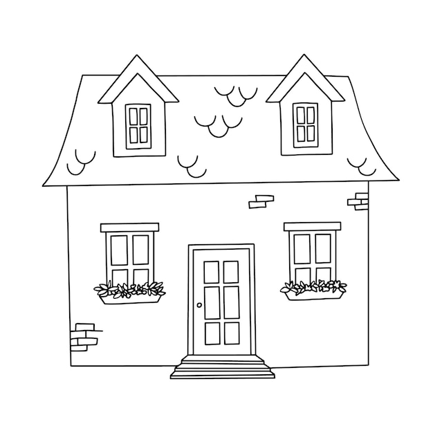 Hand drawn outline old and cozy small house Cute cottage isolated on white background for coloring page
