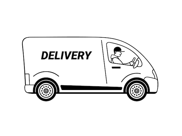 Vector hand drawn outline vector illustration of courier driving delivery truck
