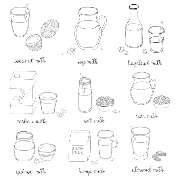 Hand drawn outline vegan milk set