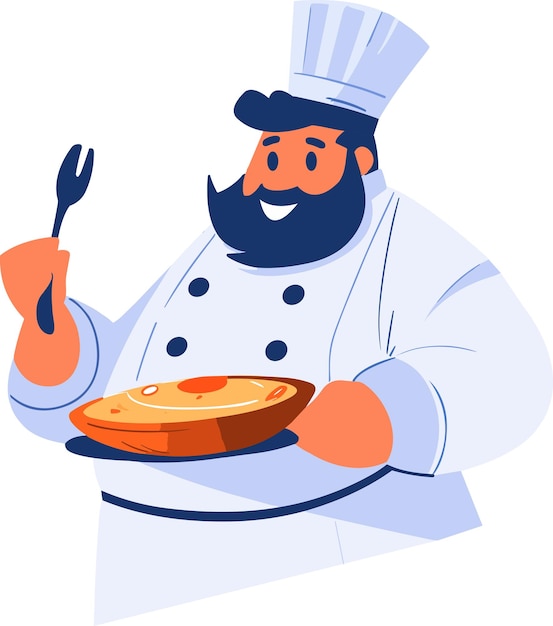 Vector hand drawn overweight chef cooking in the kitchen in flat style isolated on background