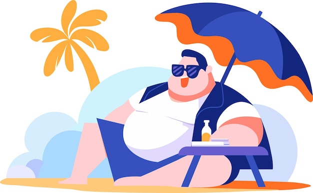 Hand Drawn overweight Tourists relaxing by the sea on vacation in flat style isolated on background