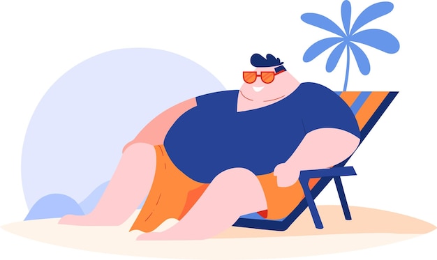 Hand Drawn overweight Tourists relaxing by the sea on vacation in flat style isolated on background