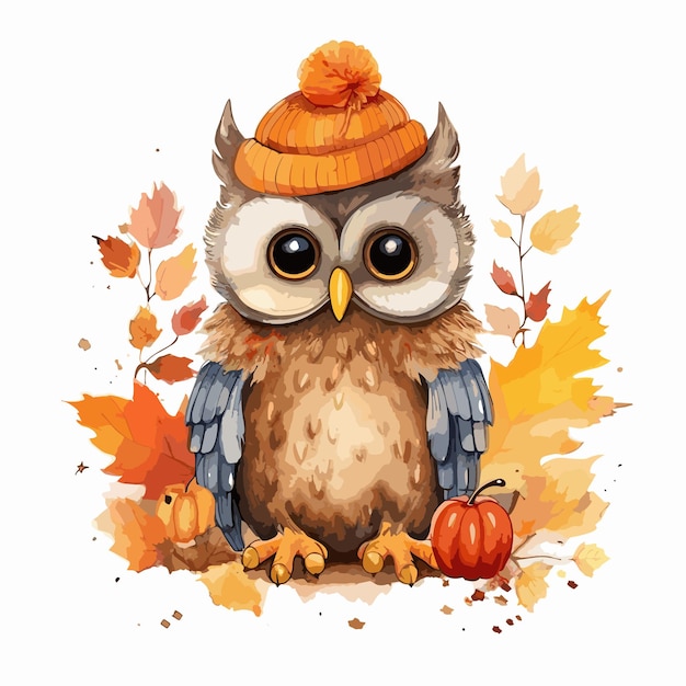 hand drawn owl cartoon illustration Autumn style Watercolor owl