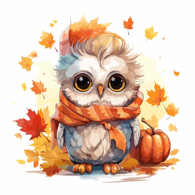 hand drawn owl cartoon illustration Autumn style Watercolor owl