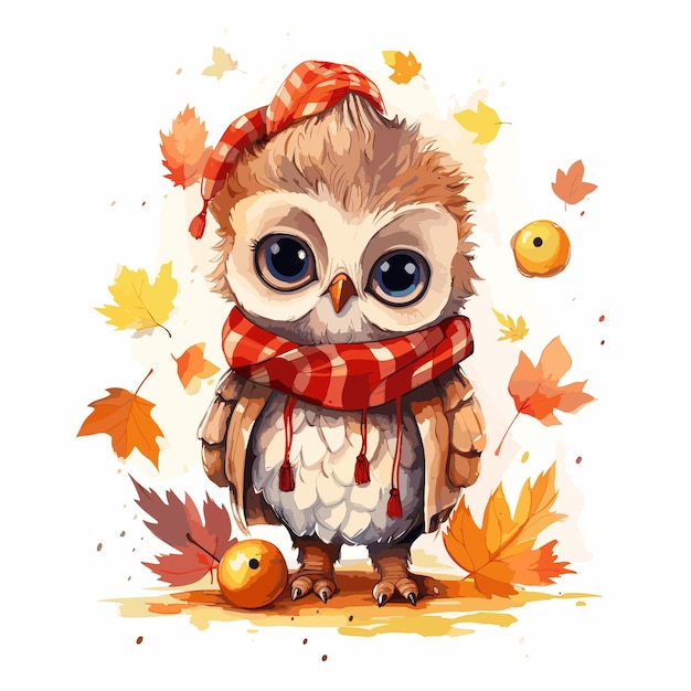 hand drawn owl cartoon illustration Autumn style Watercolor owl