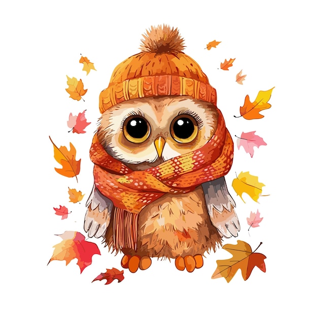 hand drawn owl cartoon illustration Autumn style Watercolor owl