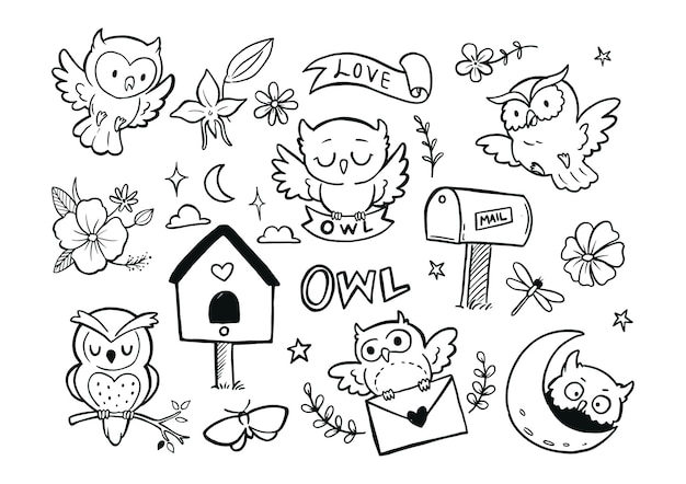 Hand drawn owl doodle set