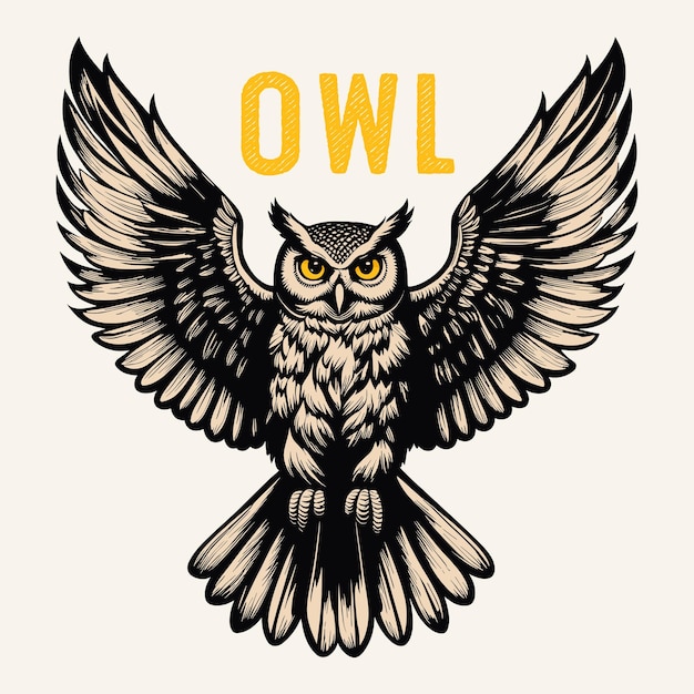 Hand drawn owl flying vintage style