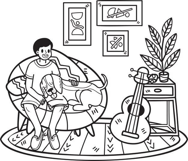 hand drawn owner and dog are sleeping in the room illustration in doodle style