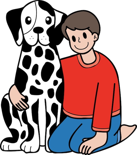 Hand drawn owner hugs dalmatian dog illustration in doodle style