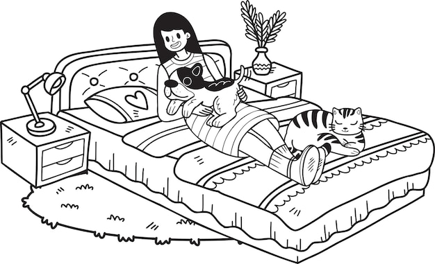 Владелец рисованной спит с собакой и кошкой в комнате иллюстрации в стиле каракули