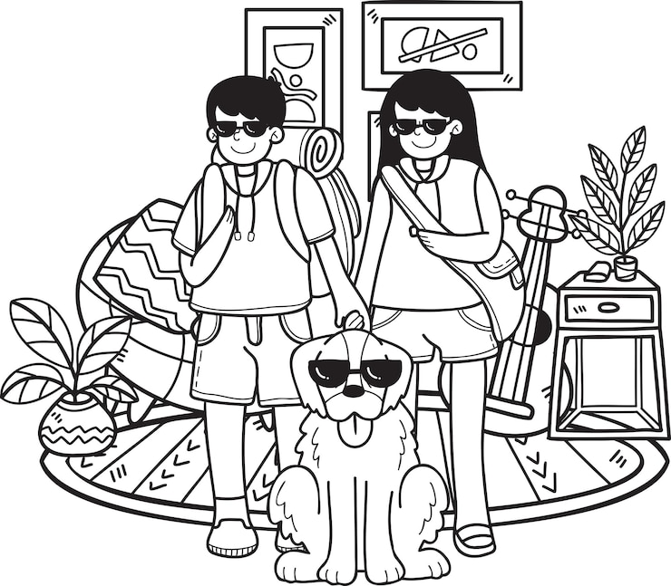 वेक्टर hand drawn owner is traveling with golden retriever dog illustration in doodle style