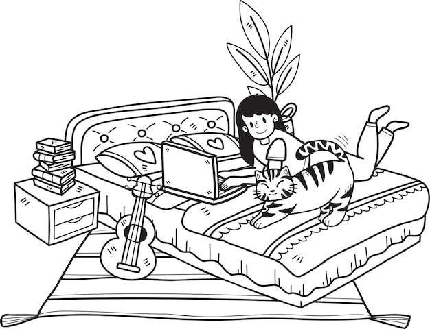 hand drawn owner working on laptop with cat in office illustration in doodle style