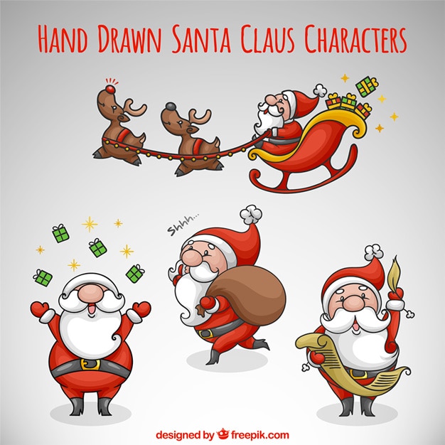 Hand-drawn pack of santa claus in different activities