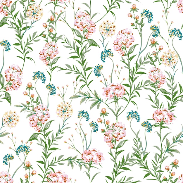 Hand drawn paint brushed wild flower meadow floral seamless pattern vector illustration artistic s